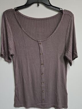 Vivance Ribbed Button-Front Short Sleeve Tee - Brown